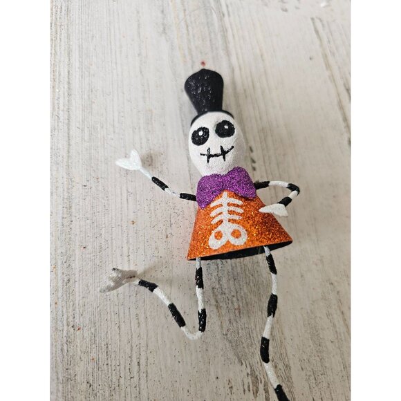 Pier 1 skeleton glitter ornament bow tie top hat Halloween Xmas tree black and w - Picture 1 of 9